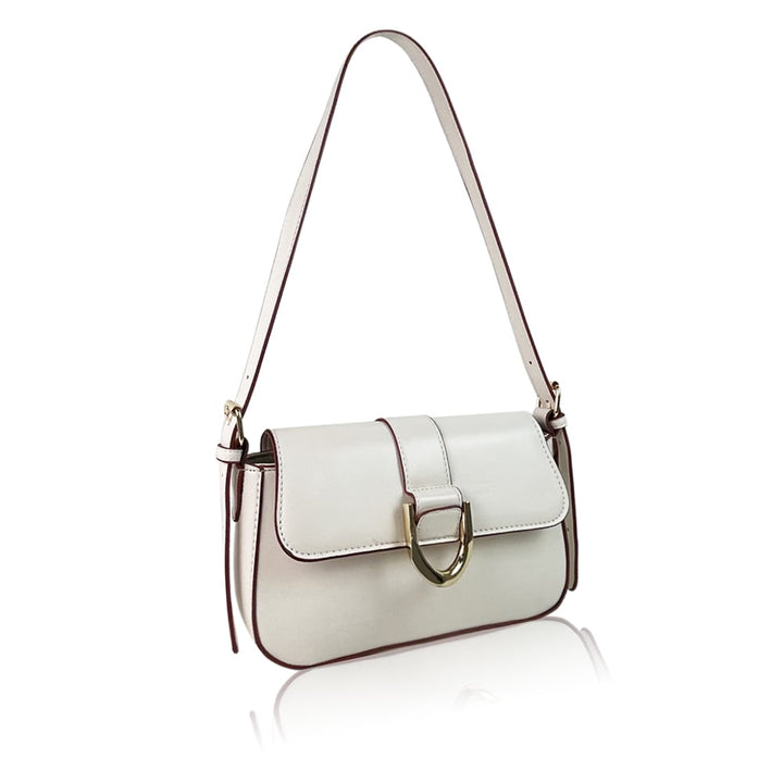 Ivory faux leather shoulder bag with gold buckle and strap, ideal for day-to-night transitions and adding sophistication to any outfit.