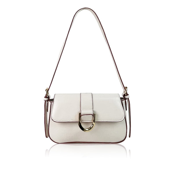 White Amanda Shoulder Bag with gold buckle and brown straps, ideal for versatile day-to-night wear with spacious interior and sophisticated hardware detail.